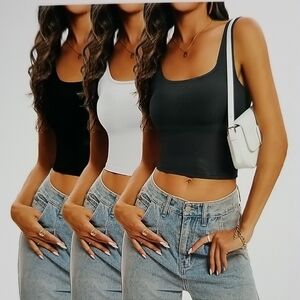 Women's Seamless Ribbed Square Neck Tank Top Set Black, White, Gray Size XL New